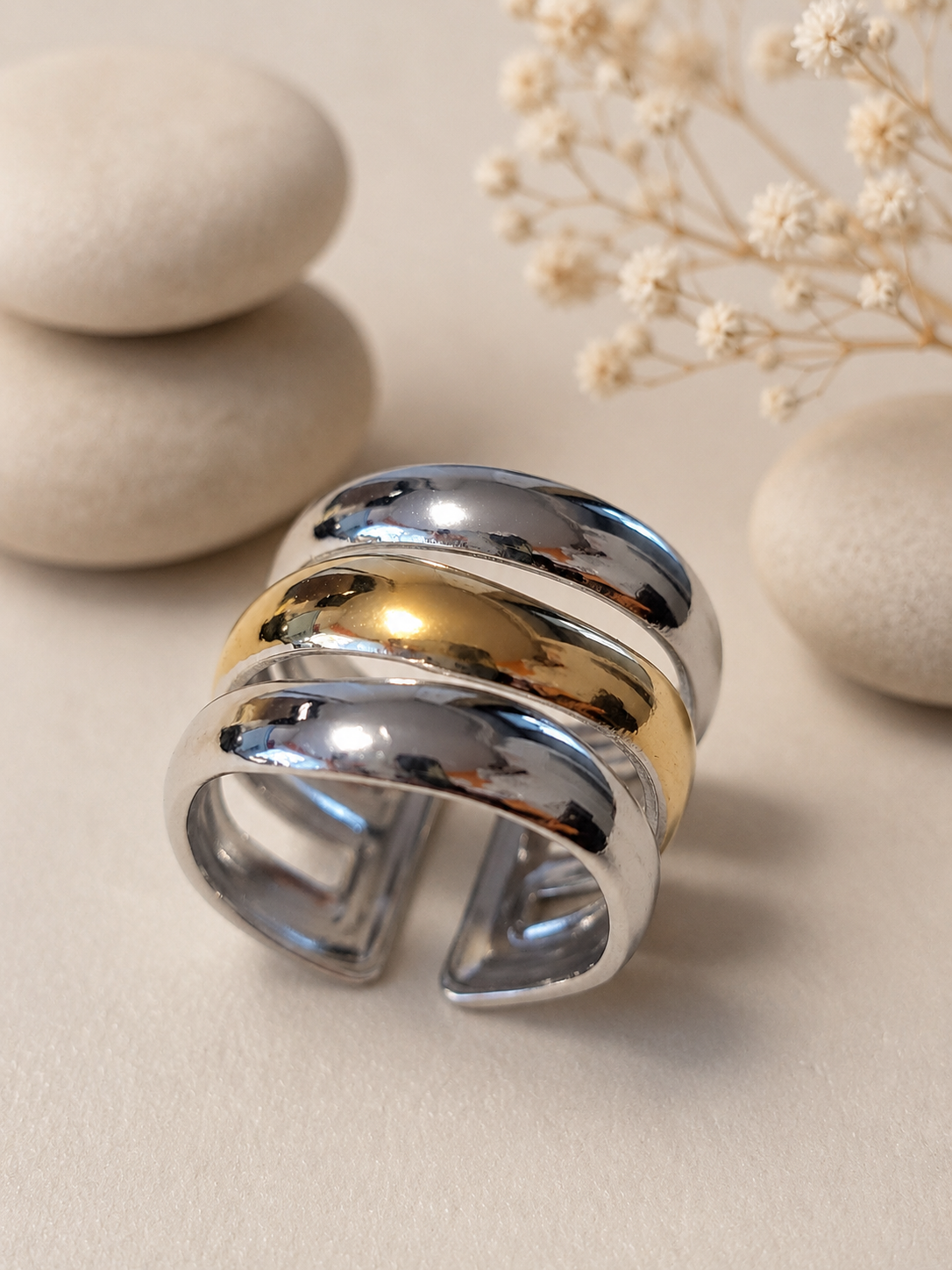 Anello aperto a triplo cerchio bicolore