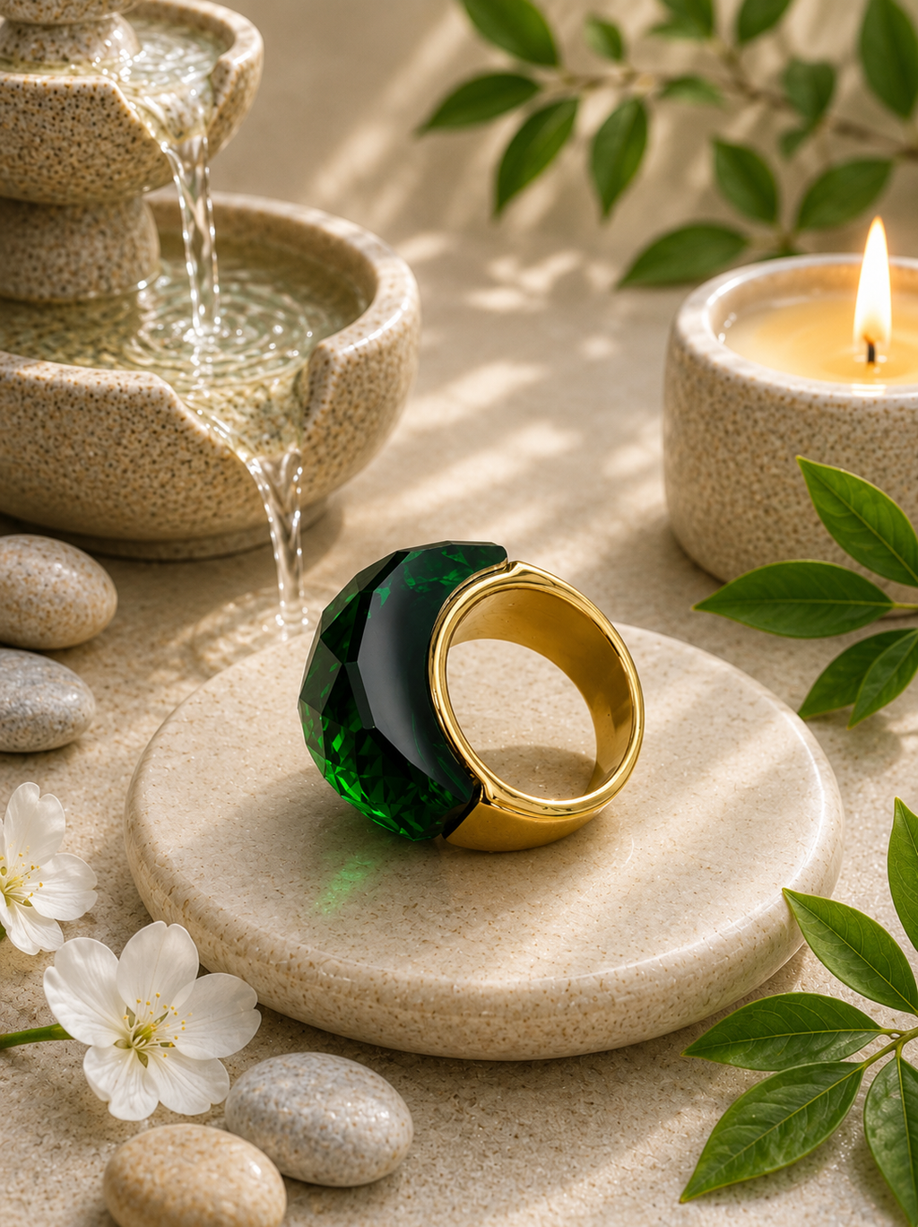 Anello in acciaio inossidabile placcato oro con cristallo verde, taglia 8