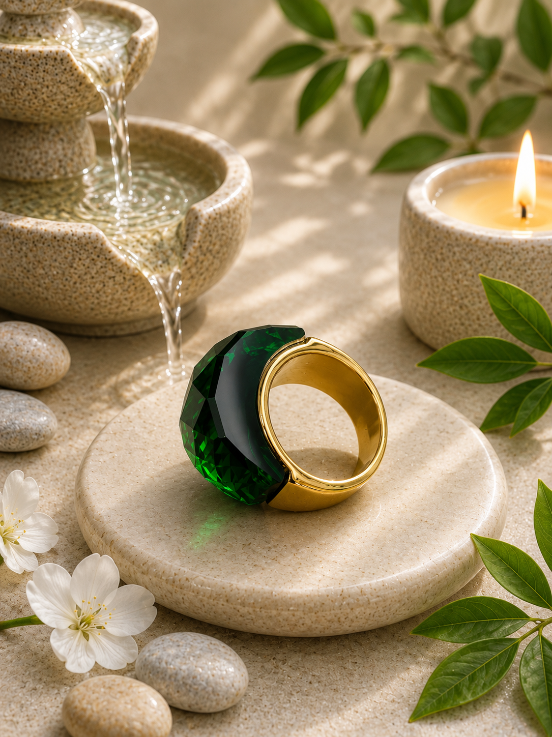 Anello in acciaio inossidabile placcato oro con cristallo verde, taglia 8