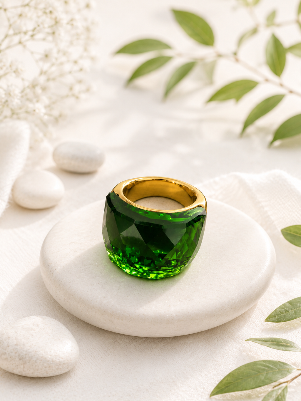 Anello in acciaio inossidabile placcato oro con cristallo verde, taglia 8