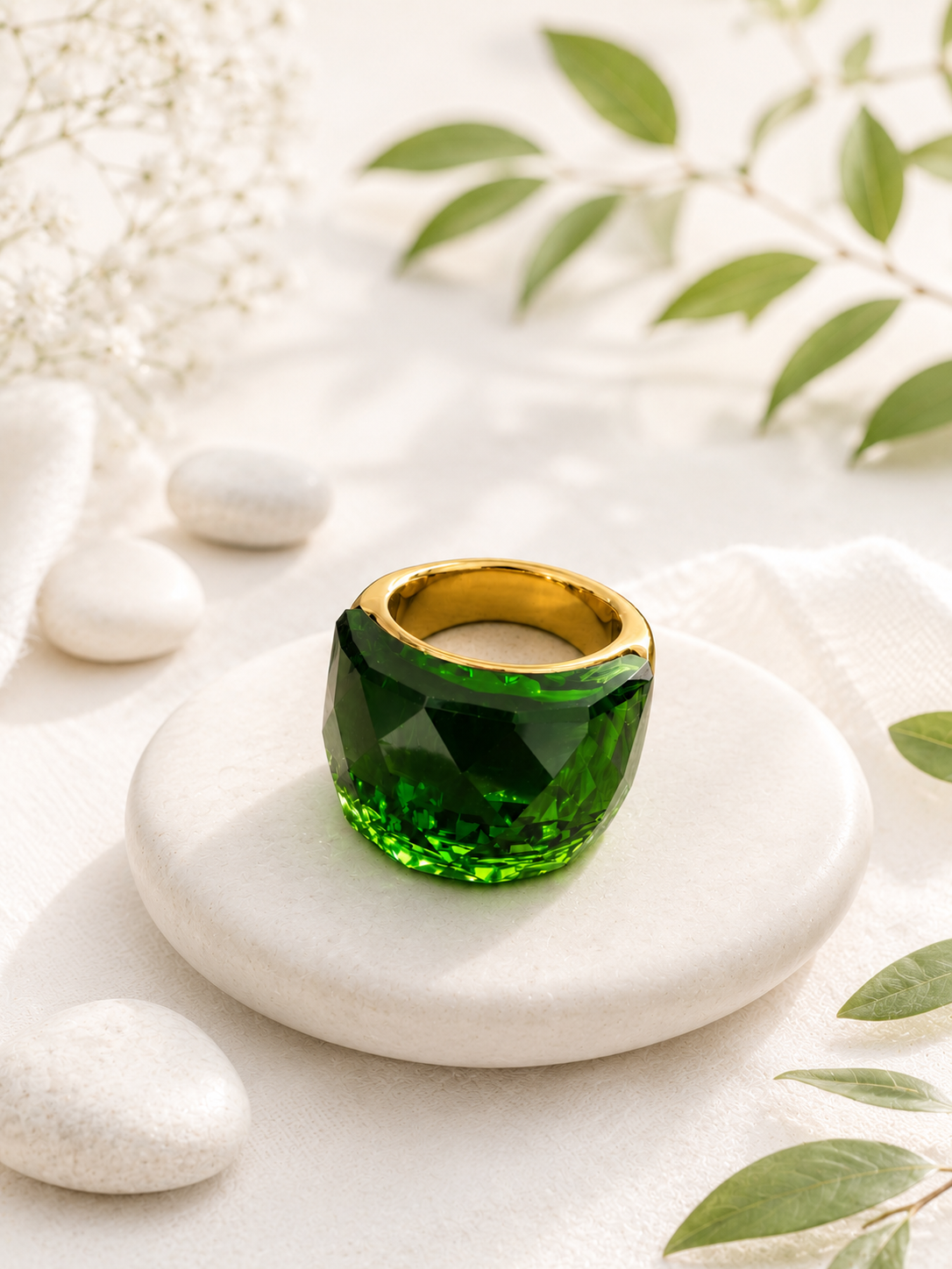 Anello in acciaio inossidabile placcato oro con cristallo verde, taglia 8