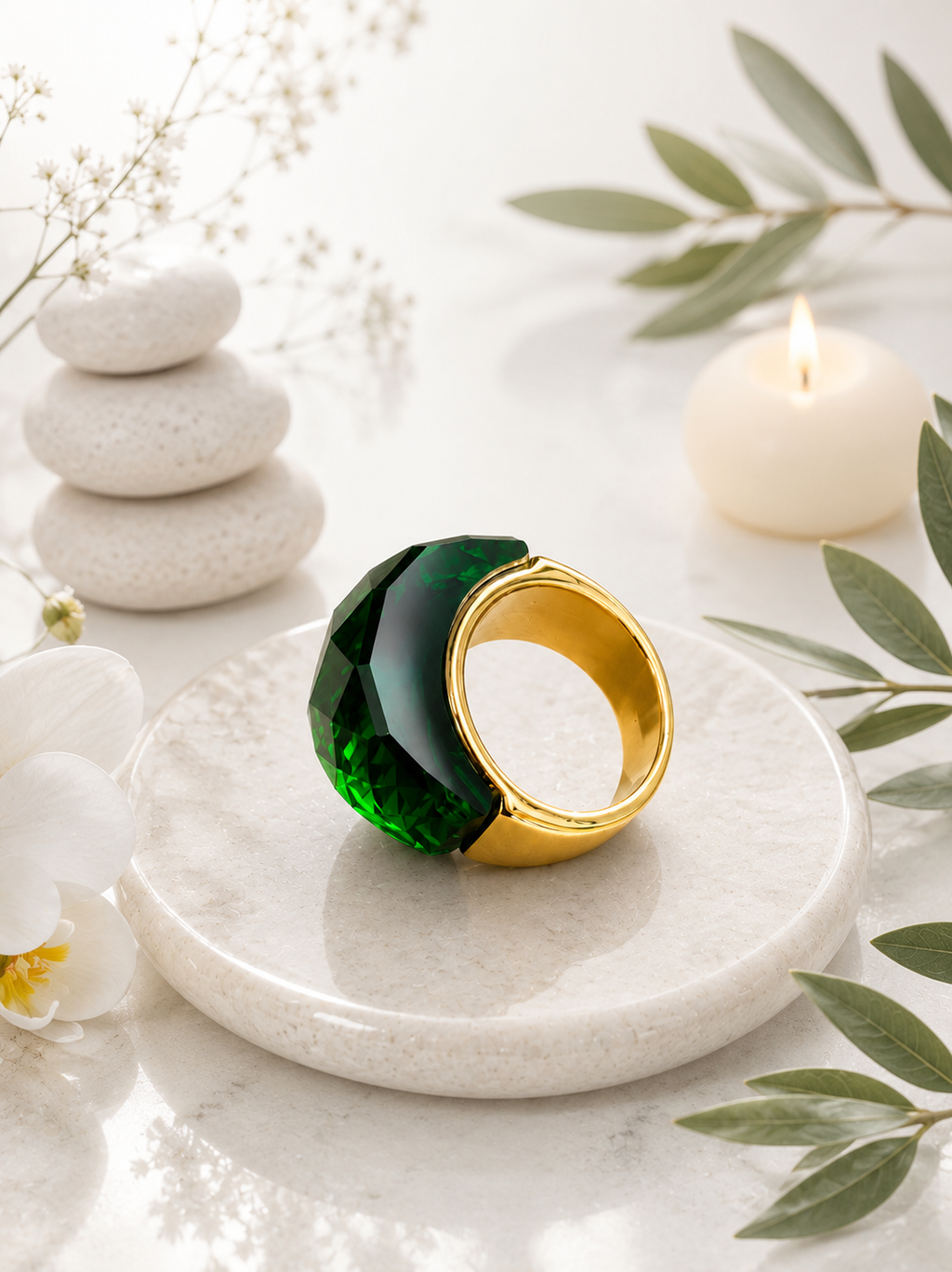 Anello in acciaio inossidabile placcato oro con cristallo verde, taglia 8