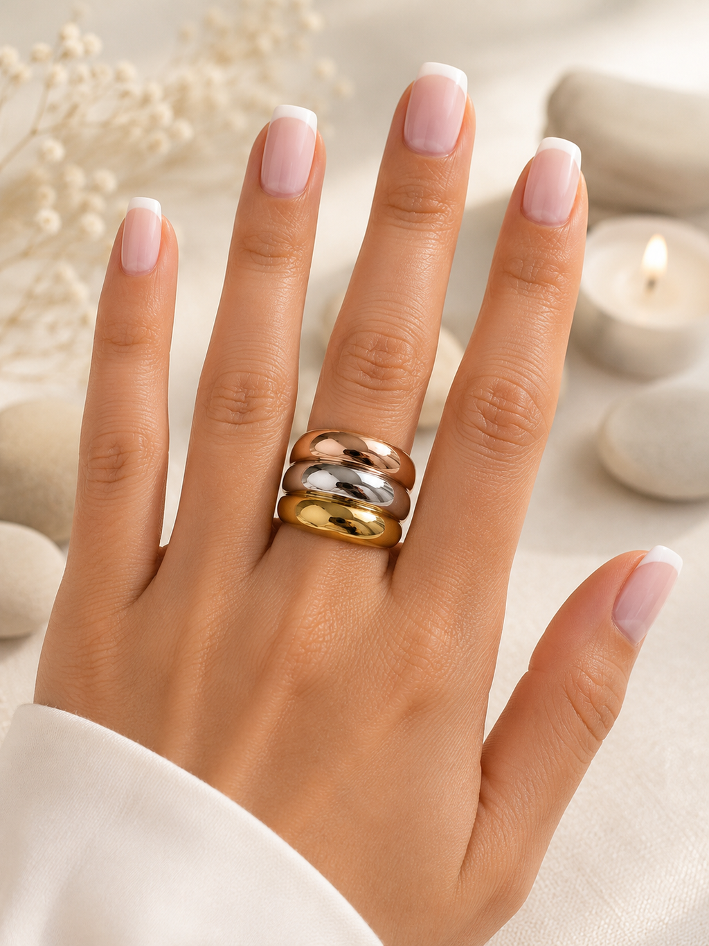 Anello acciaio inossidabile argentato e dorato design irregolare taglia 8