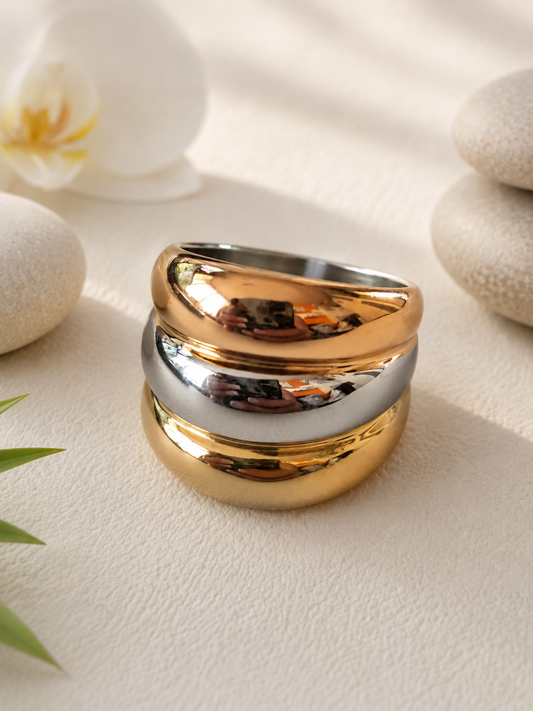Bague Acier Inoxydable Bicolore Argent & Doré Design Irrégulier – Taille 62/63