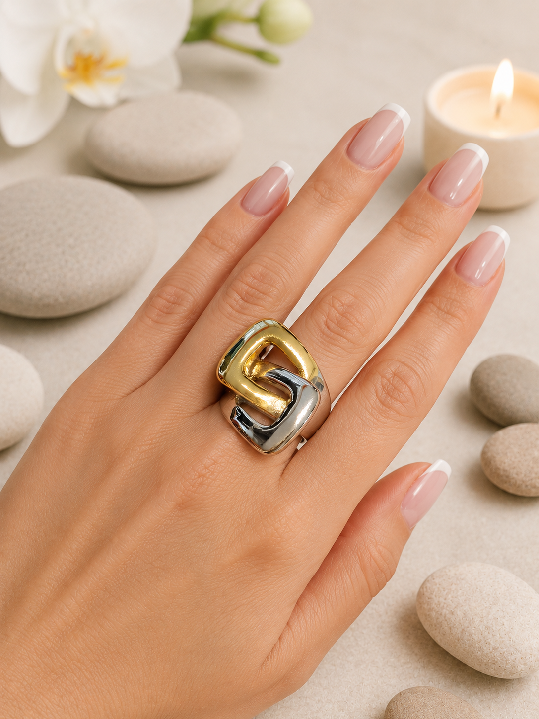 Bague Bicolore Infini en Acier Inoxydable Doré & Argenté – Taille 57 – Design Élégant