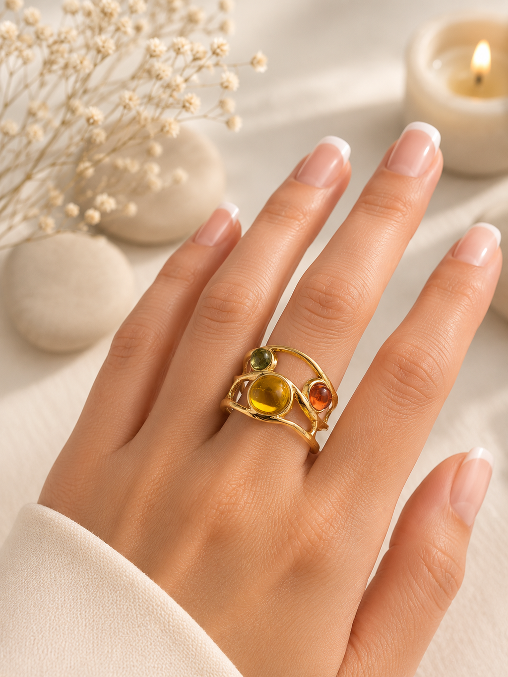 Bague Ajustable Géométrique Dorée en Acier Inoxydable – Pierres Multicolores