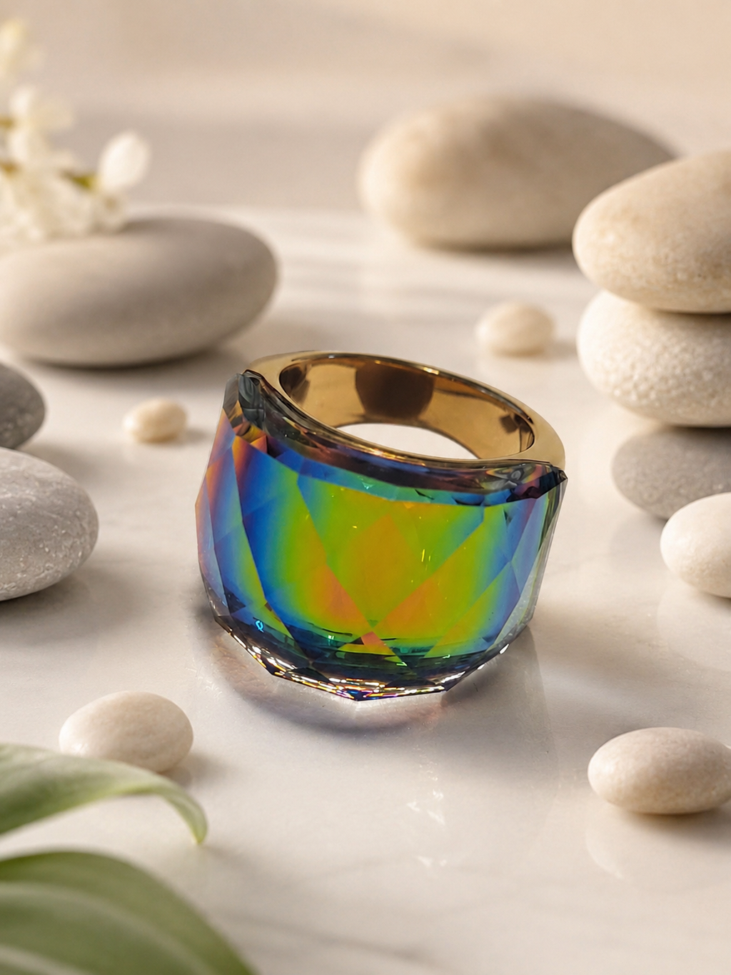 Anello in acciaio inossidabile dorato con cristallo arcobaleno taglia 8