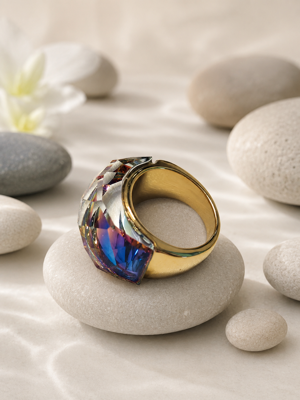 Anello in acciaio inossidabile dorato con cristallo arcobaleno taglia 8
