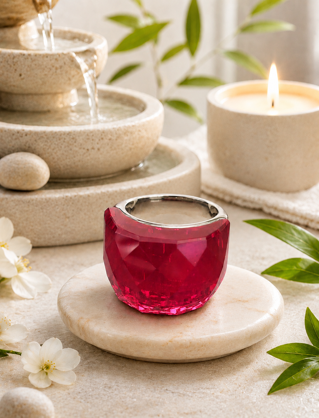 Bague en acier inoxydable argentée avec cristal rouge – Taille 57 | Bagatelle