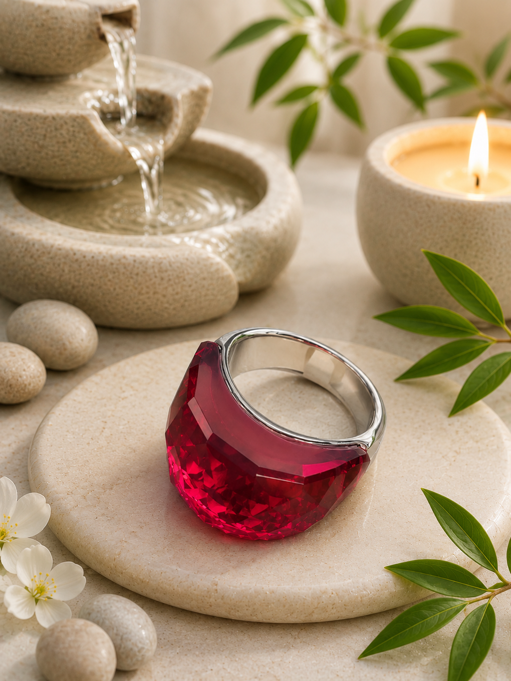Bague en acier inoxydable argentée avec cristal rouge – Taille 57 | Bagatelle