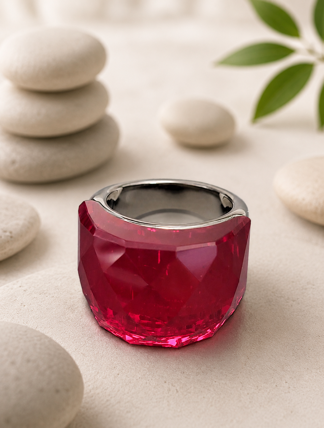 Bague en acier inoxydable argentée avec cristal rouge – Taille 57 | Bagatelle