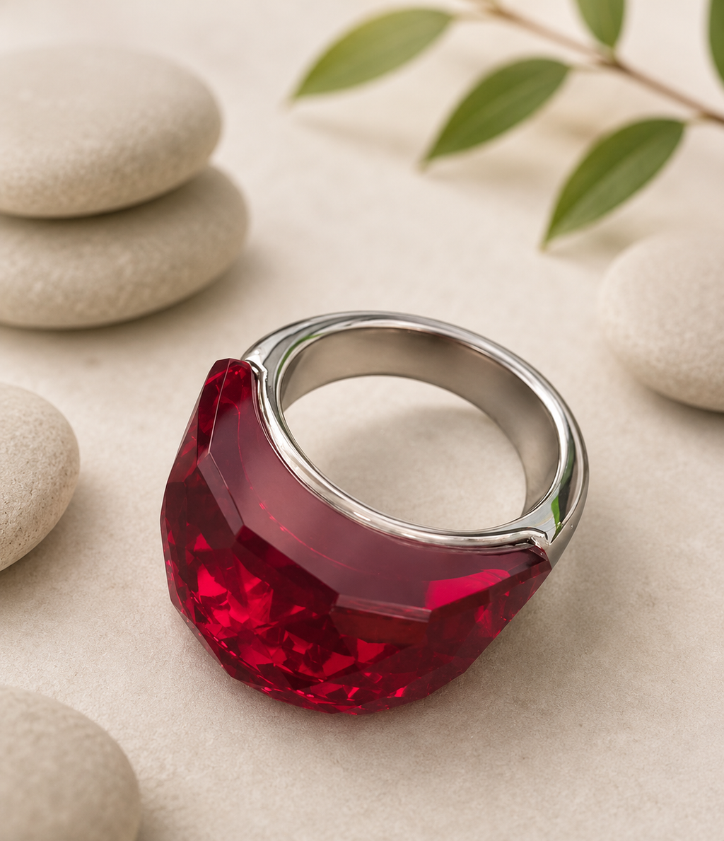 Bague en acier inoxydable argentée avec cristal rouge – Taille 57 | Bagatelle