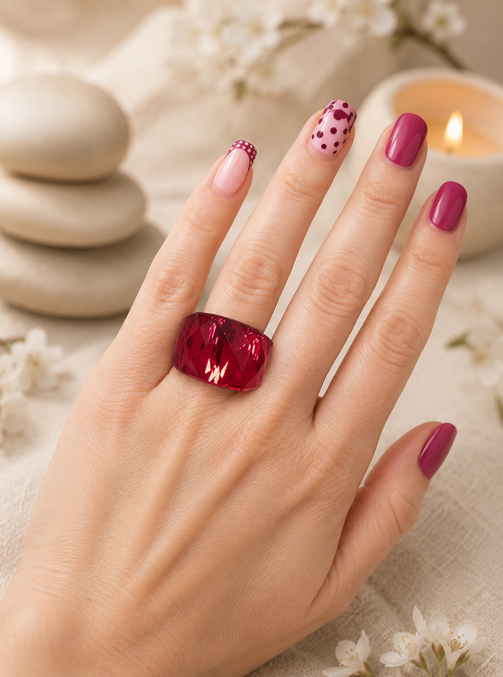 Bague en acier inoxydable argentée avec cristal rouge – Taille 57 | Bagatelle