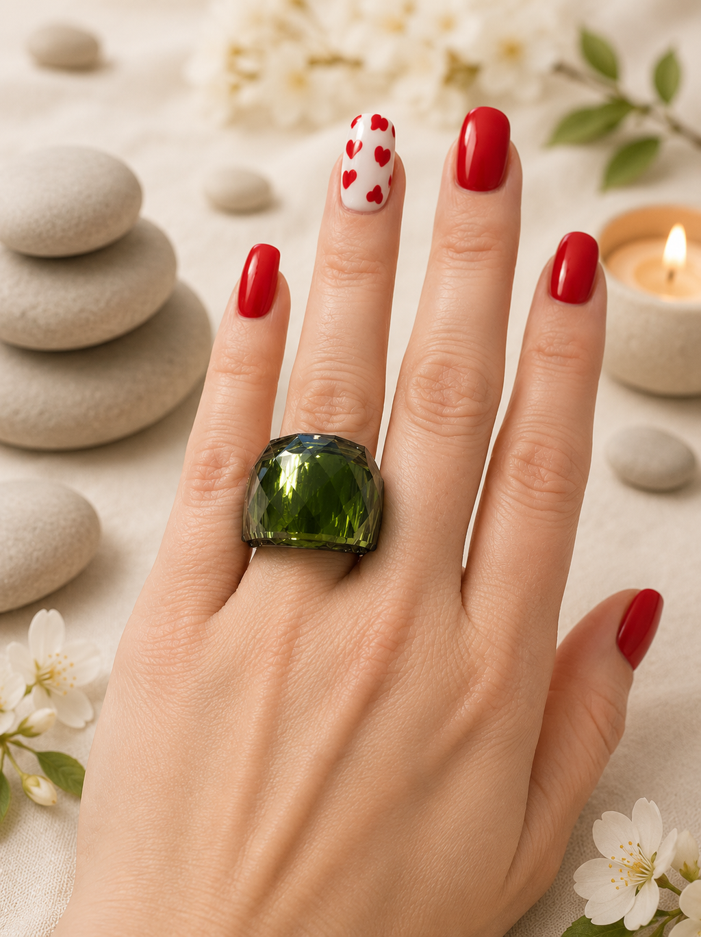 Bague en acier inoxydable argentée avec cristal vert – Taille 57 | Bagatelle