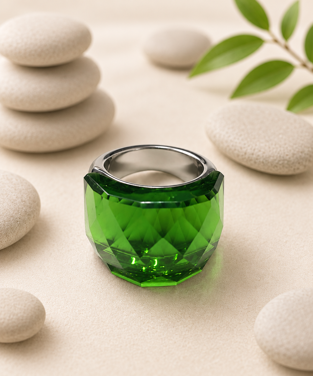 Bague en acier inoxydable argentée avec cristal vert – Taille 57 | Bagatelle