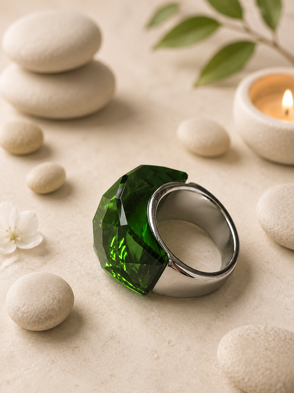 Bague en acier inoxydable argentée avec cristal vert – Taille 57 | Bagatelle