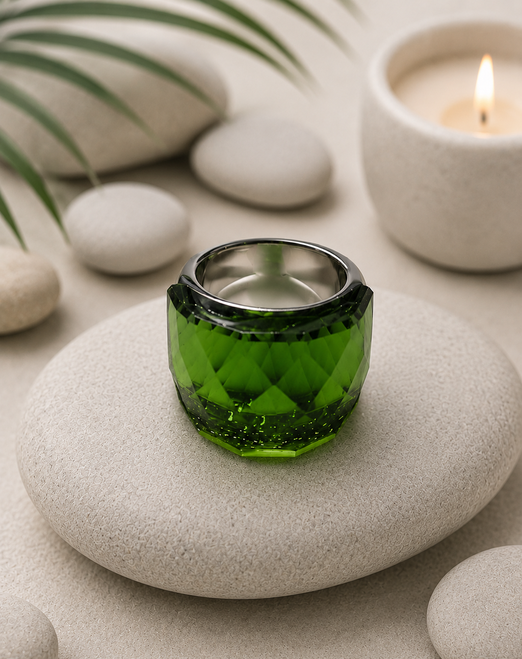 Bague en acier inoxydable argentée avec cristal vert – Taille 57 | Bagatelle