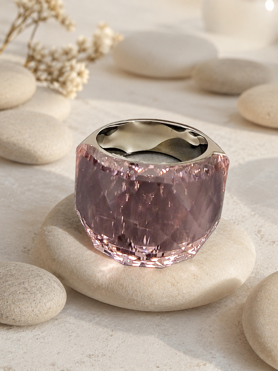 Bague en acier inoxydable argentée avec cristal rose – Taille 57 | Bagatelle
