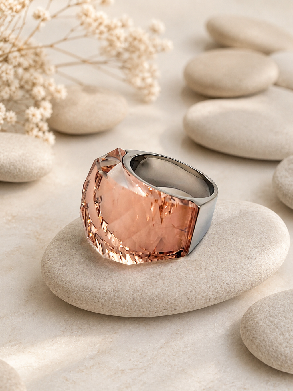 Bague en acier inoxydable argentée avec cristal rose jaune – Taille 57 | Bagatelle