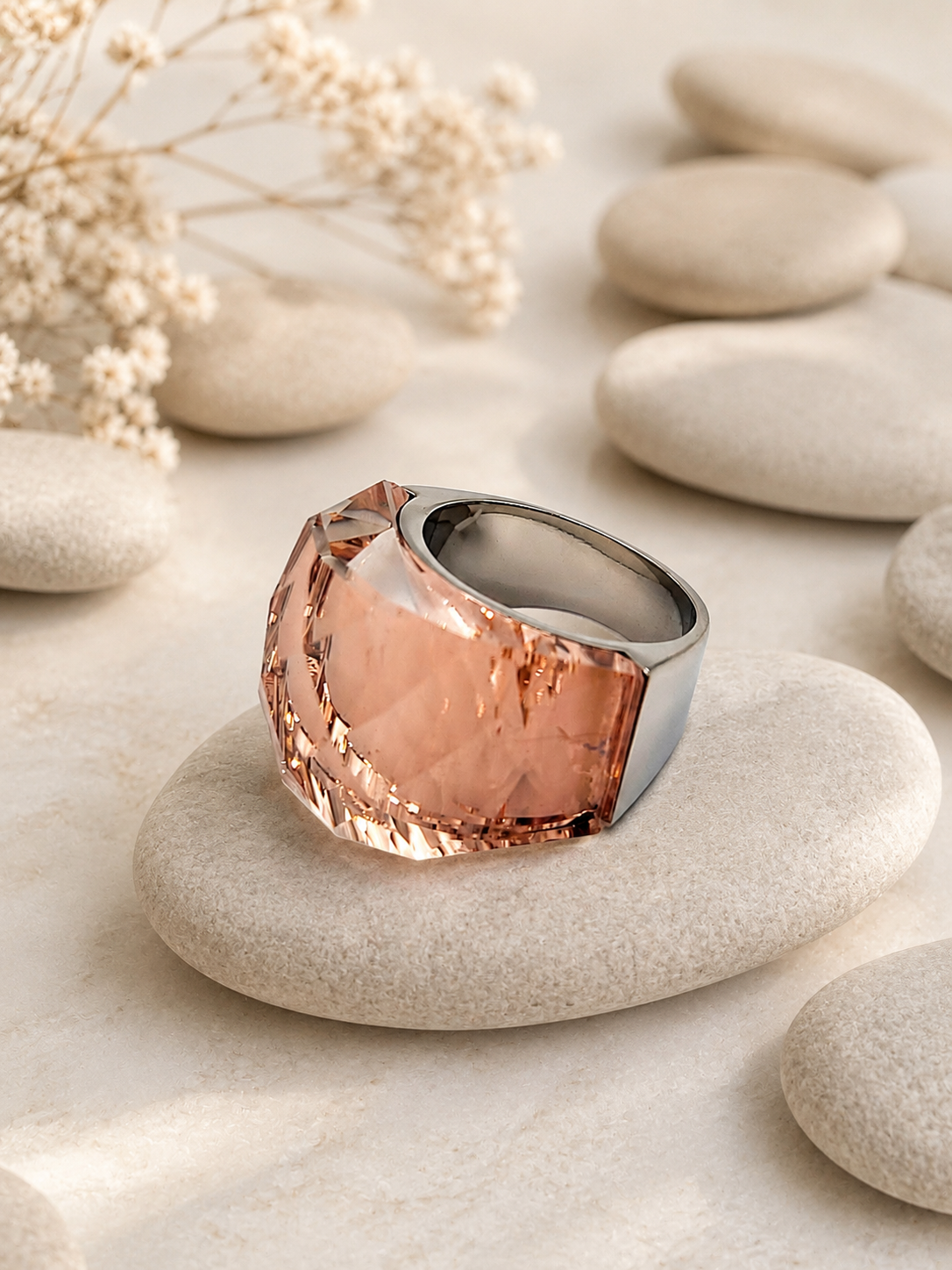 Bague en acier inoxydable argentée avec cristal rose jaune – Taille 57 | Bagatelle