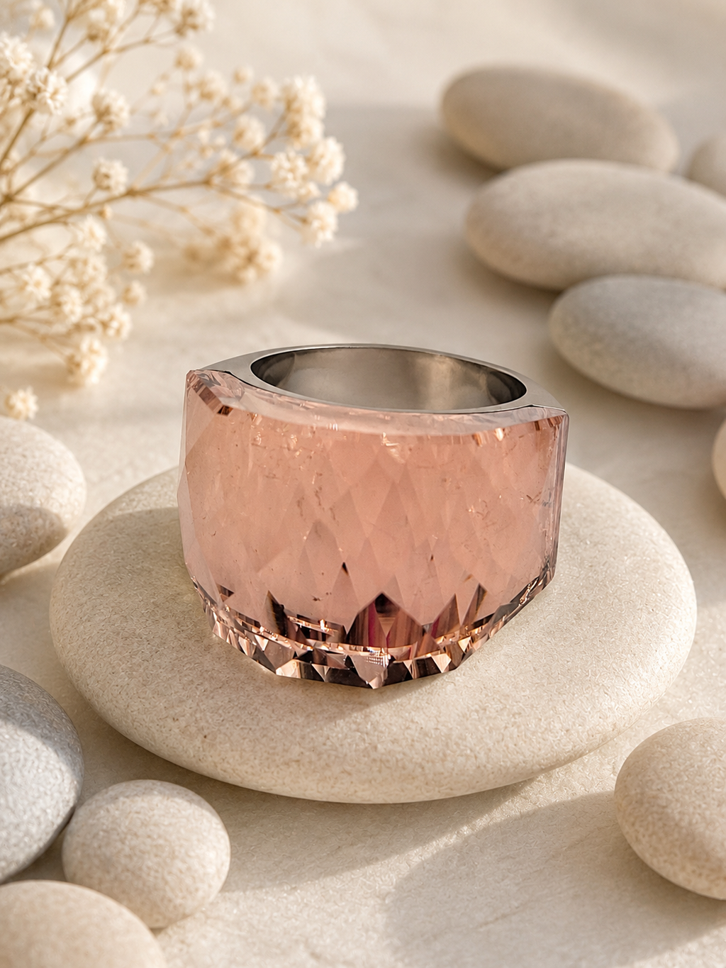 Bague en acier inoxydable argentée avec cristal rose jaune – Taille 57 | Bagatelle