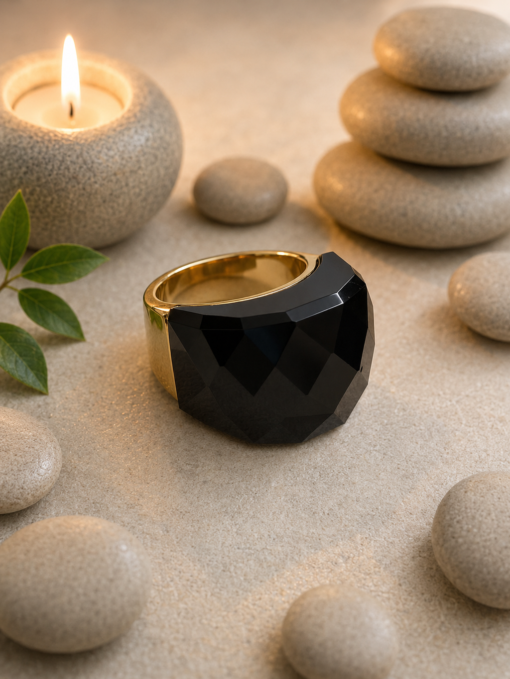 Anello in acciaio inossidabile dorato con cristallo nero, taglia 8