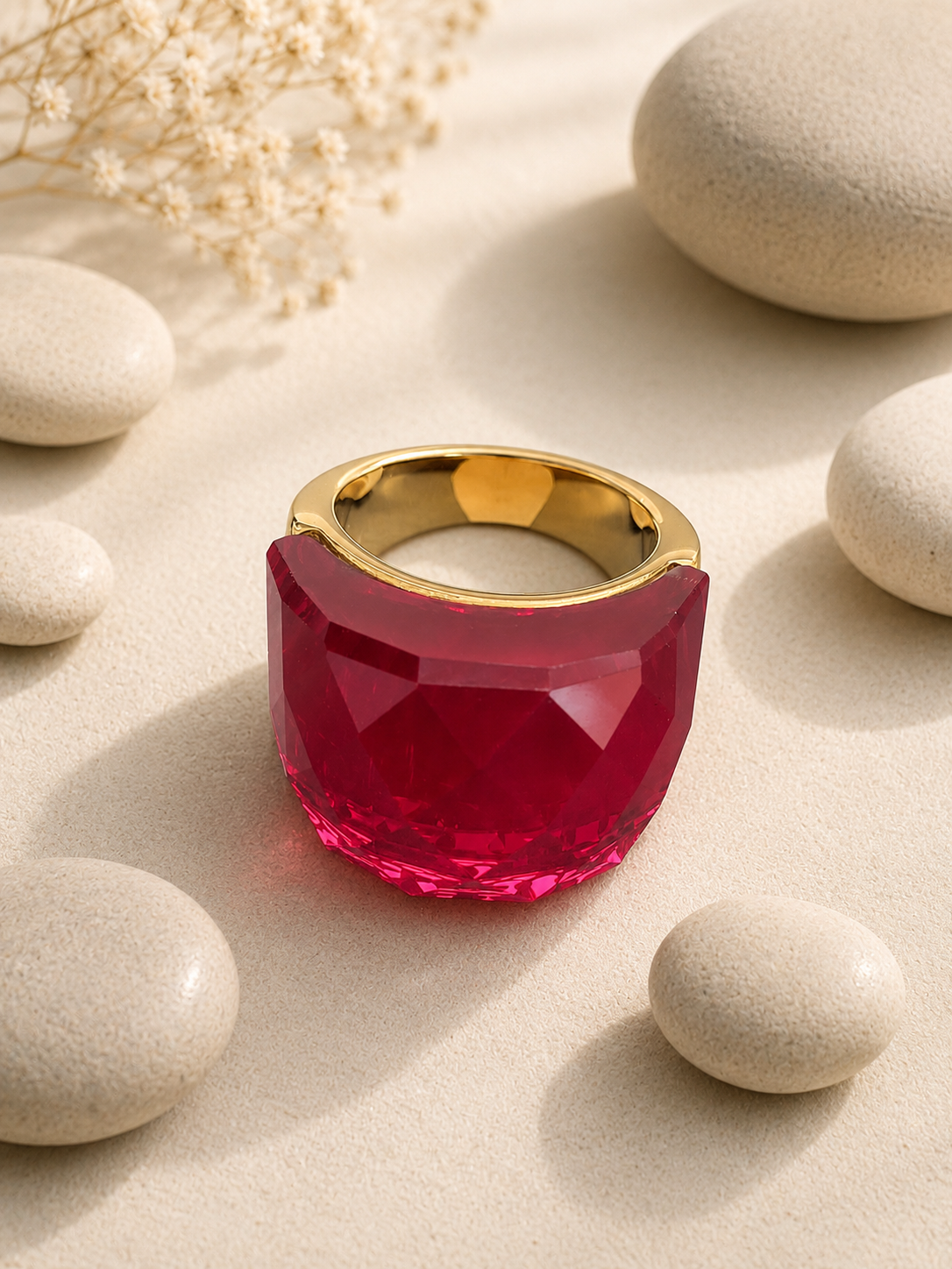 Anello in acciaio inossidabile dorato con cristallo rosso taglia 8