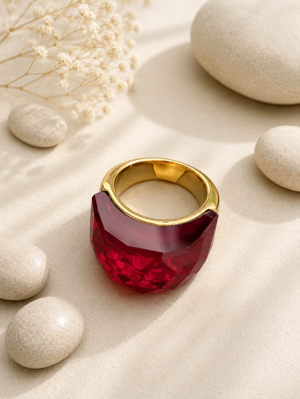 Anello in acciaio inossidabile dorato con cristallo rosso taglia 8