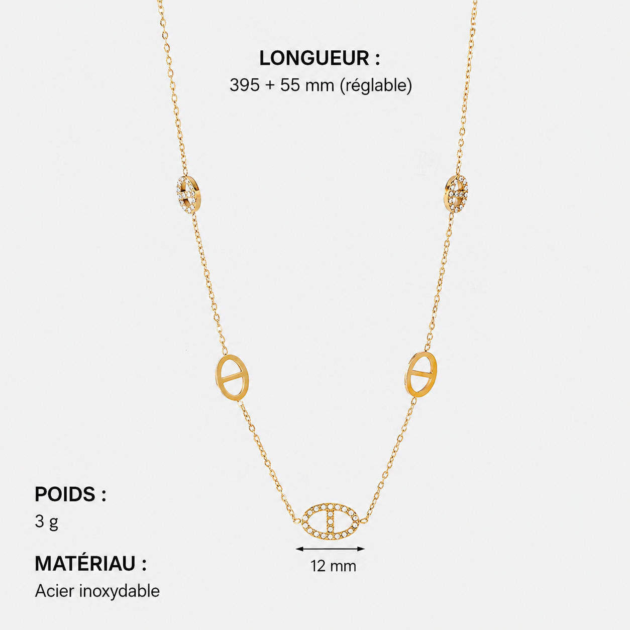 Collier doré à motifs ovales & strass – Acier inoxydable