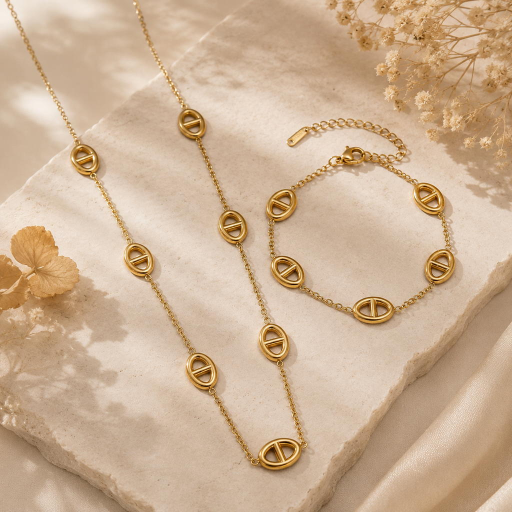 Ensemble Collier & Bracelet dorés – Motifs ovales – Acier inoxydable