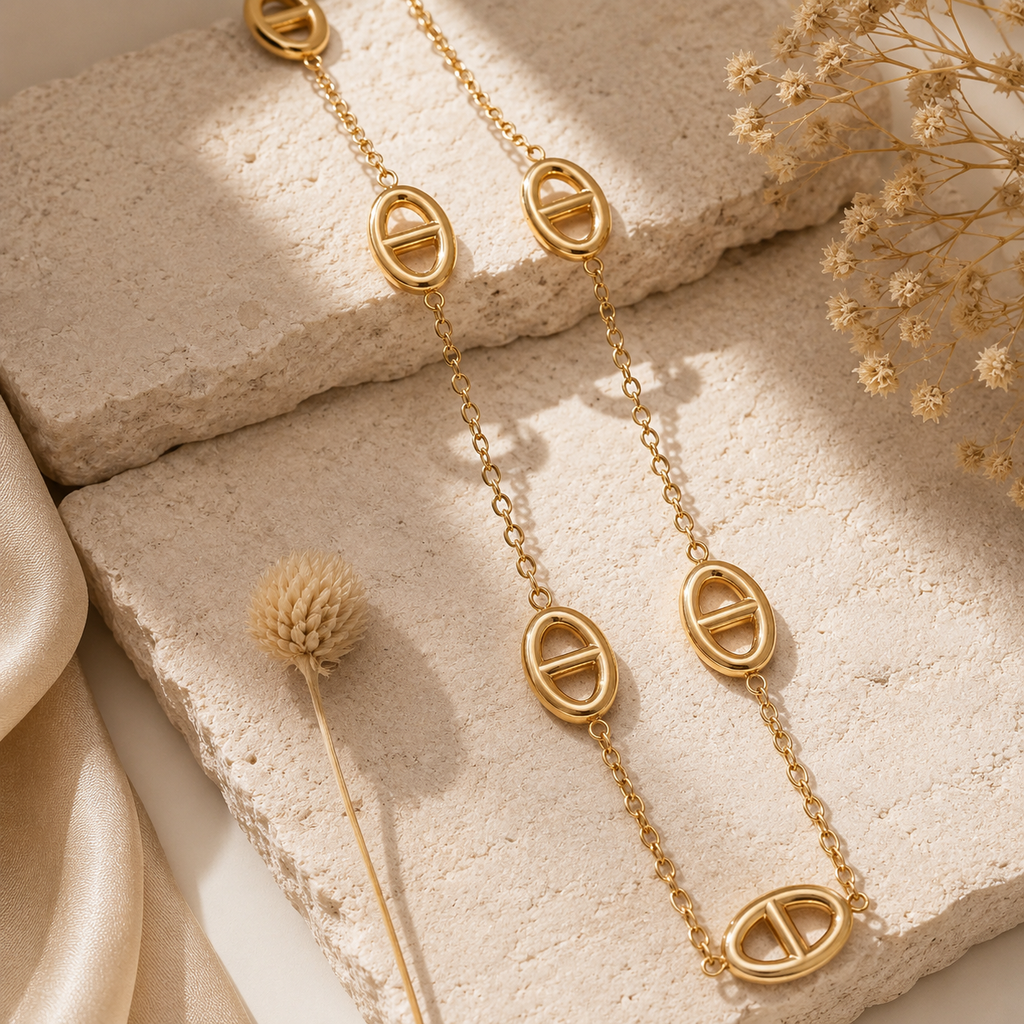 Ensemble Collier & Bracelet dorés – Motifs ovales – Acier inoxydable