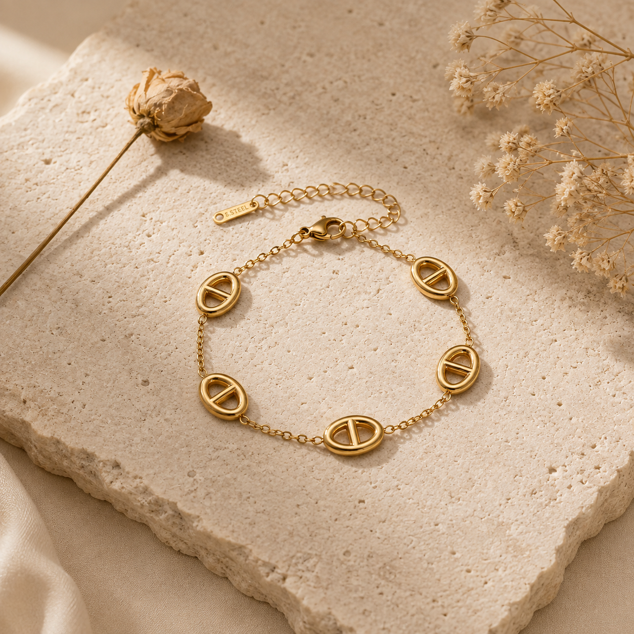 Ensemble Collier & Bracelet dorés – Motifs ovales – Acier inoxydable