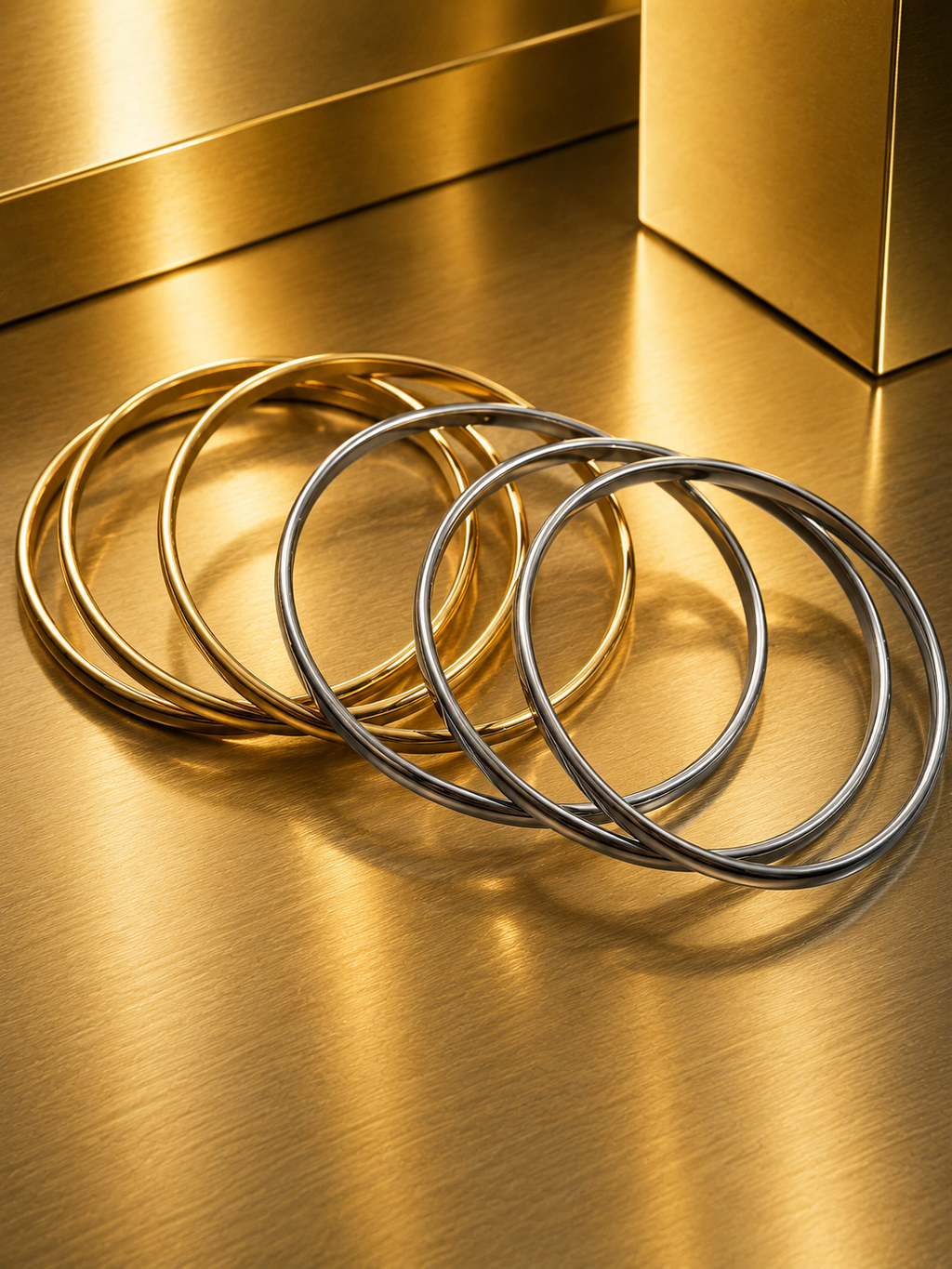 6 Bracelets joncs en acier inoxydable doré et argenté