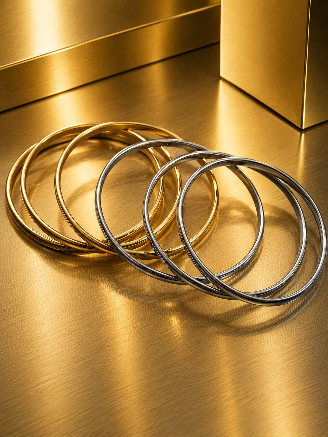 6 Bracelets joncs en acier inoxydable doré et argenté