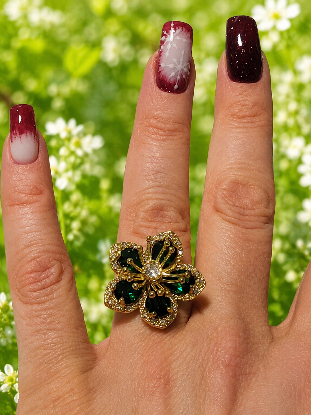 Anello in acciaio inossidabile dorato fiore zircone verde