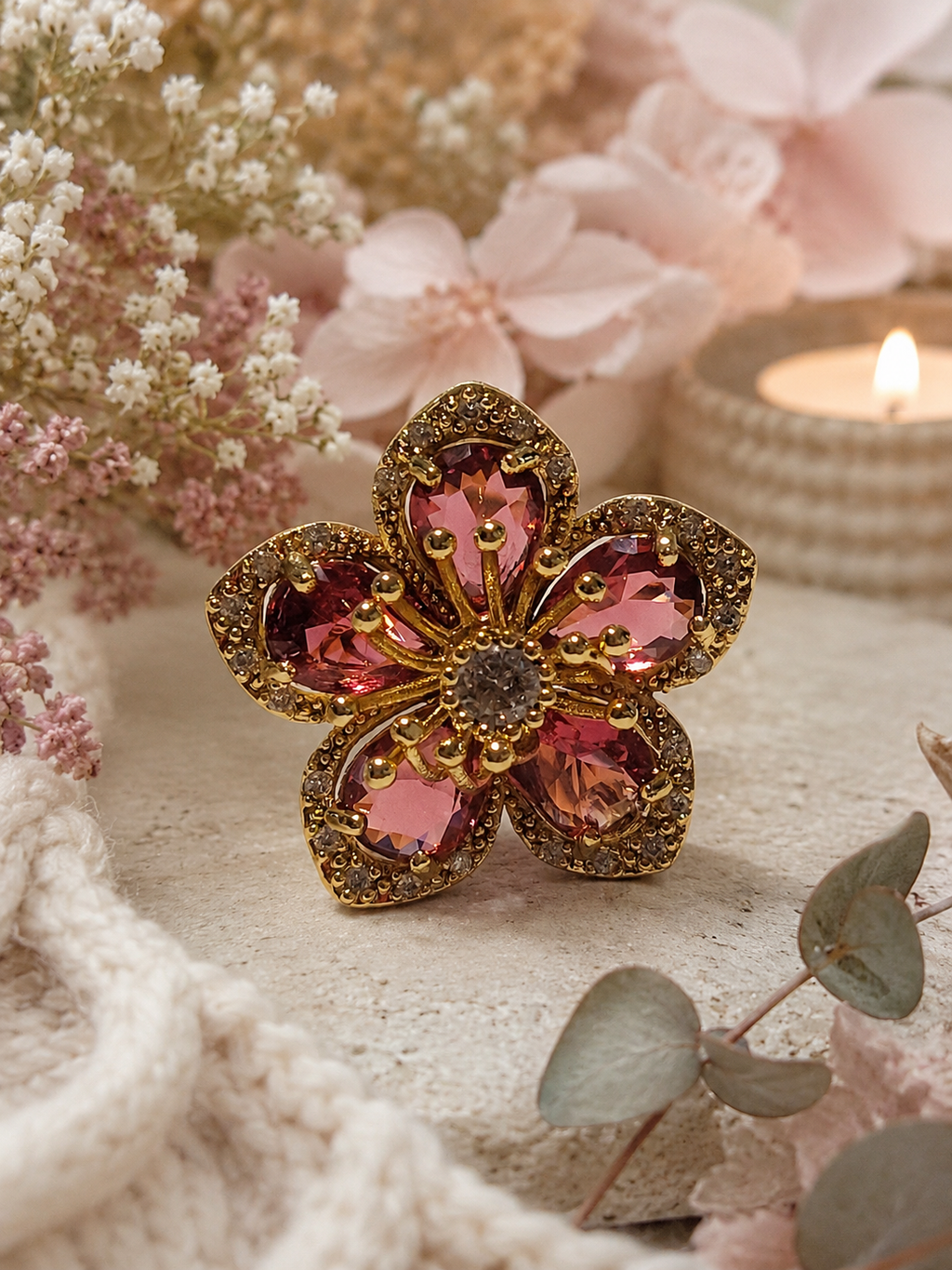 Bague acier inoxydable doré fleur zircon rouge