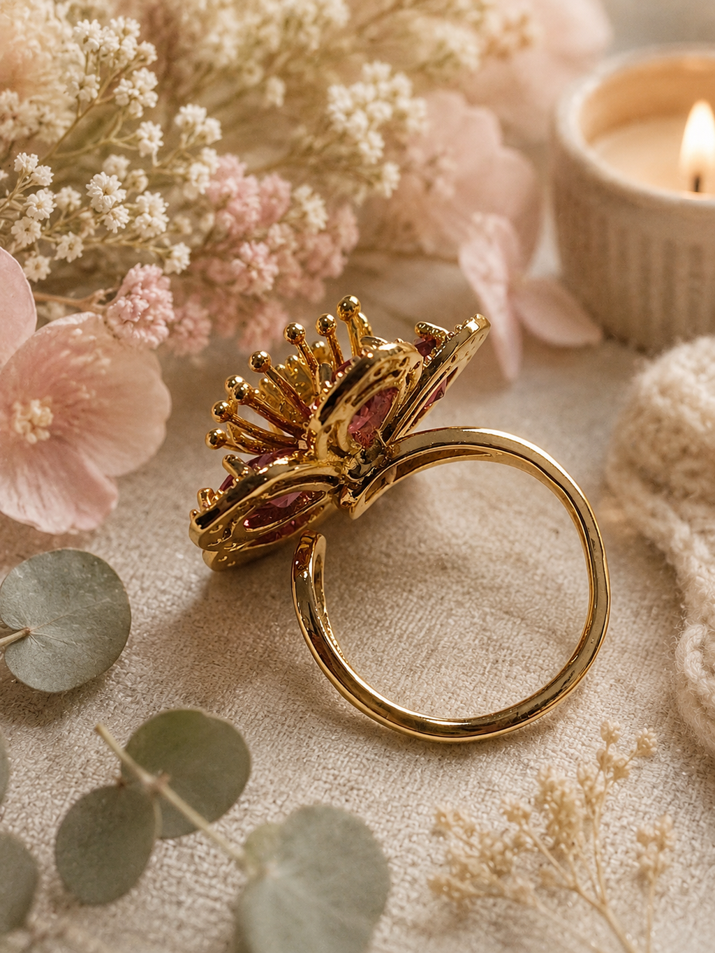 Bague acier inoxydable doré fleur zircon rouge