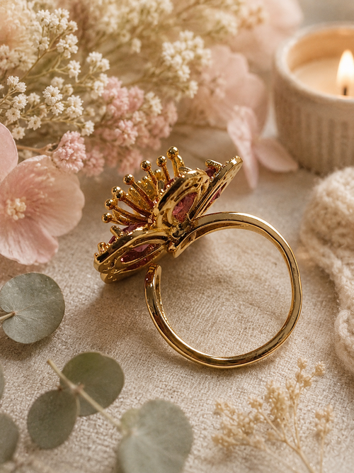 Bague acier inoxydable doré fleur zircon rouge