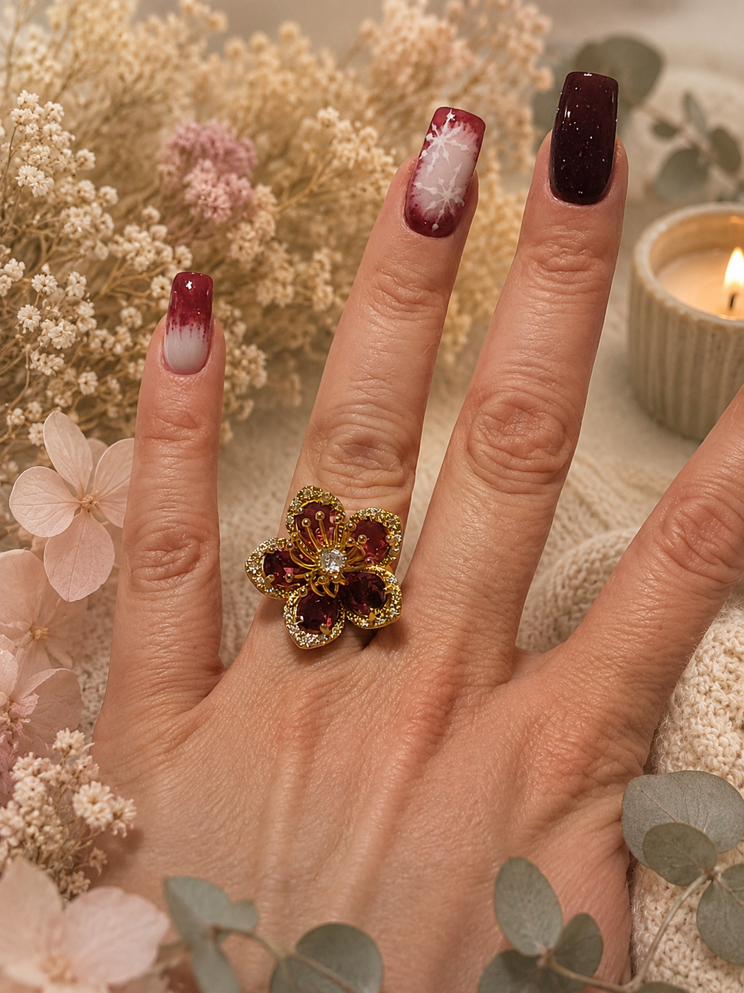 Bague acier inoxydable doré fleur zircon rouge