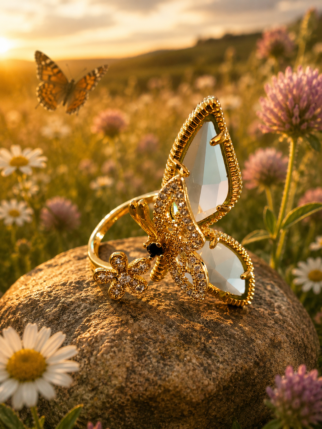 Anello aperto in acciaio inossidabile dorato con fiore e farfalla