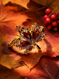 Bague Ajustable Dorée Feuille et Zircons Rouges en Acier Inoxydable