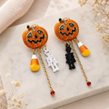 Boucles d’Oreilles Asymétriques Halloween – Citrouille & Squelettes