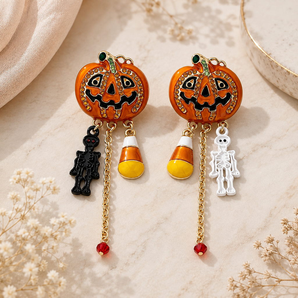Boucles d’Oreilles Asymétriques Halloween – Citrouille & Squelettes