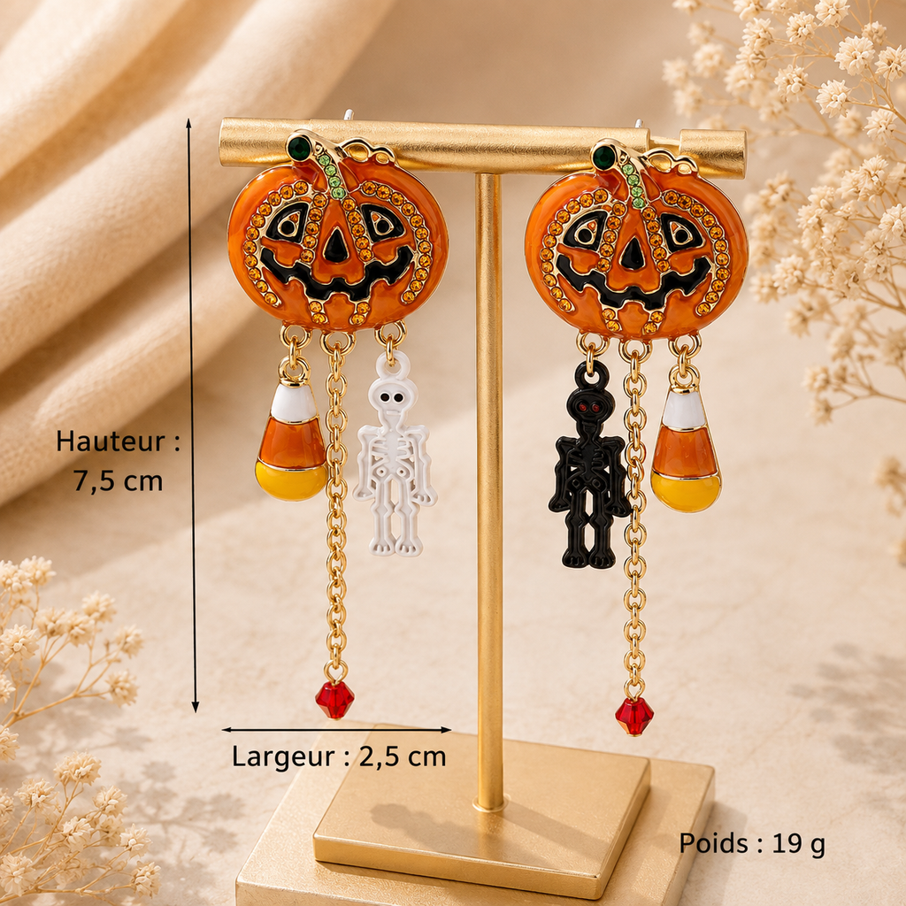 Boucles d’Oreilles Asymétriques Halloween – Citrouille & Squelettes