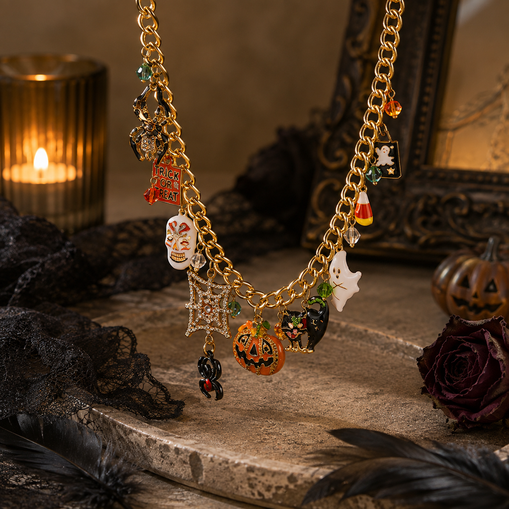 Collier Halloween Multi-Breloques – Citrouille, Fantôme & Chat Noir