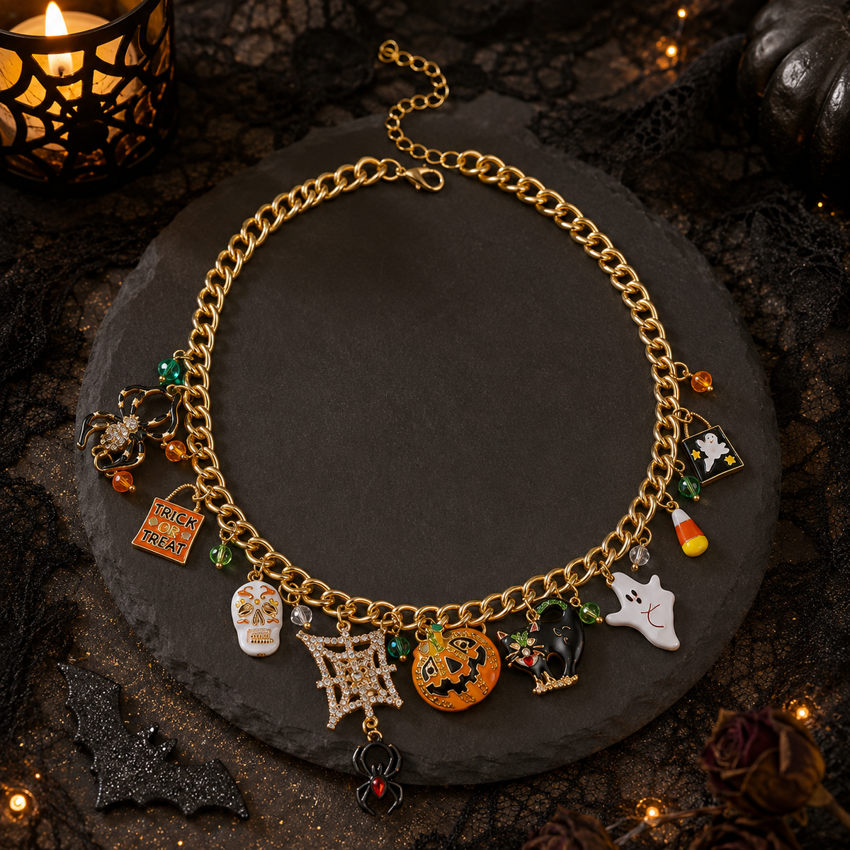 Collier Halloween Multi-Breloques – Citrouille, Fantôme & Chat Noir
