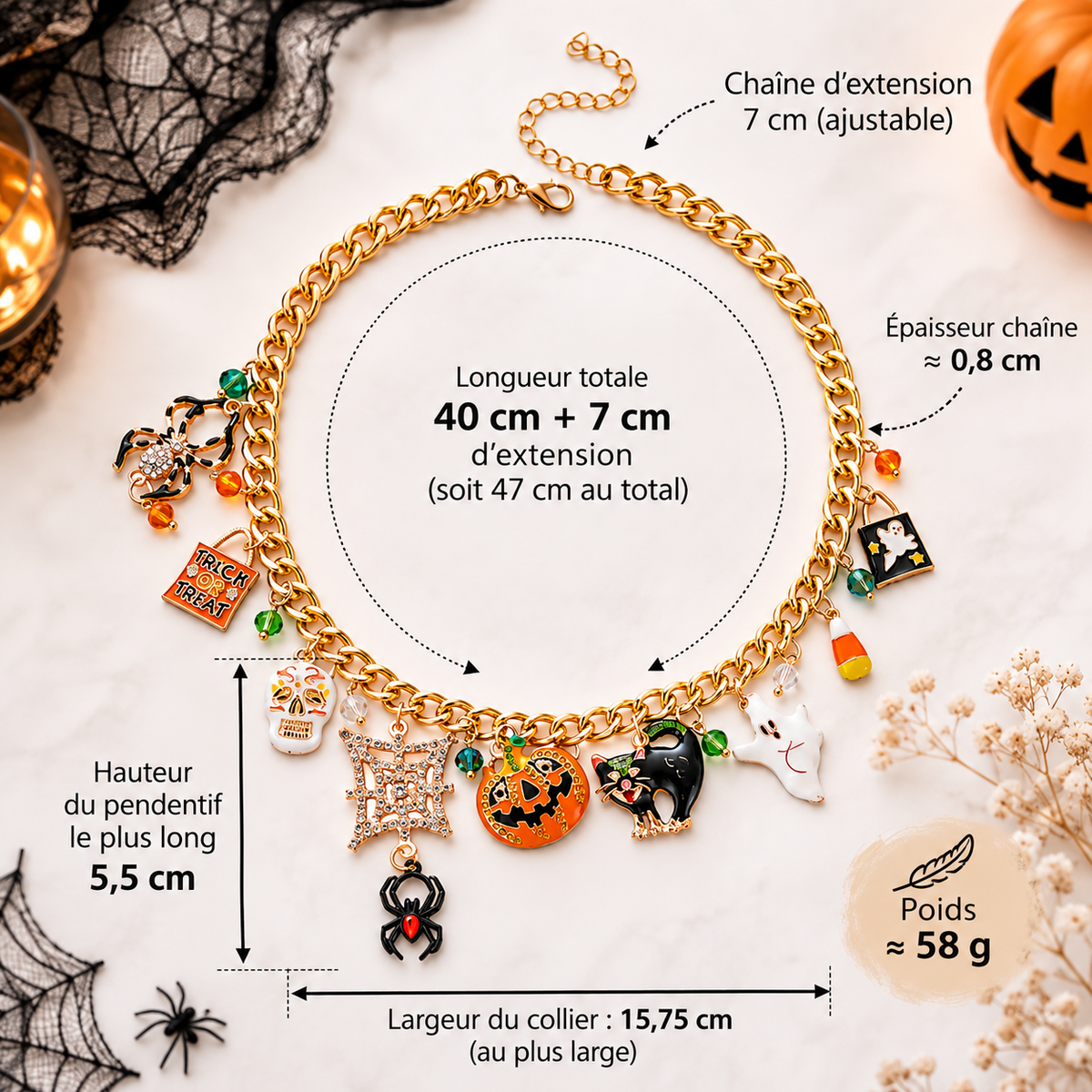 Collier Halloween Multi-Breloques – Citrouille, Fantôme & Chat Noir
