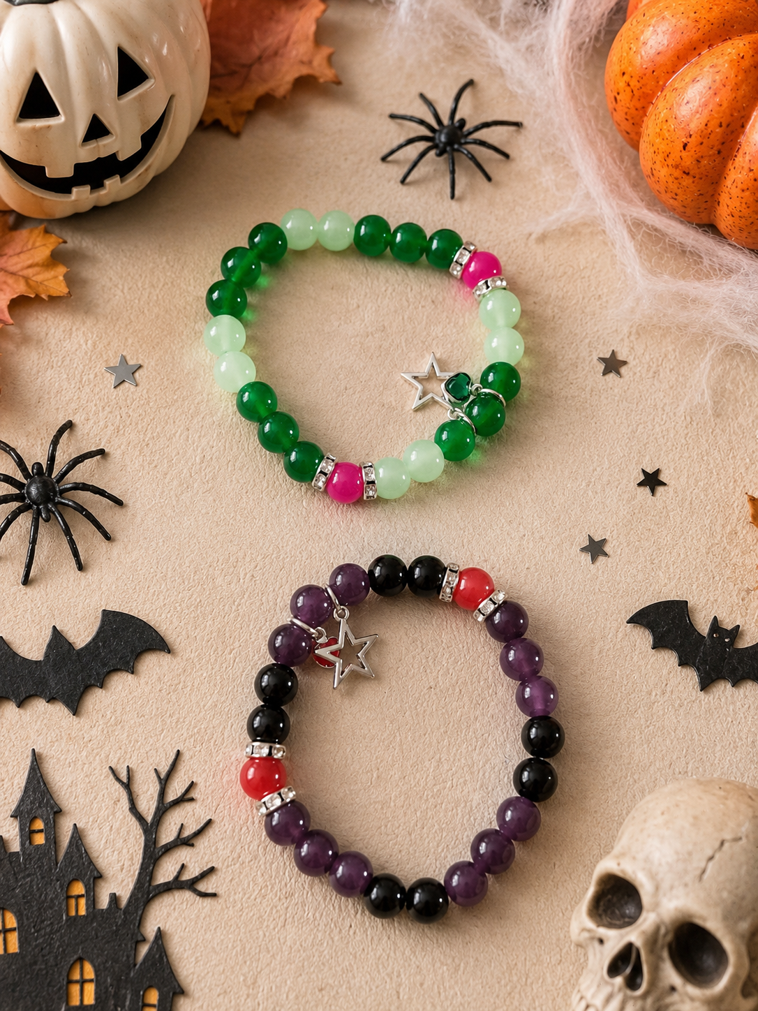 Duo de Bracelets Halloween – Perles Colorées & Charms Étoiles