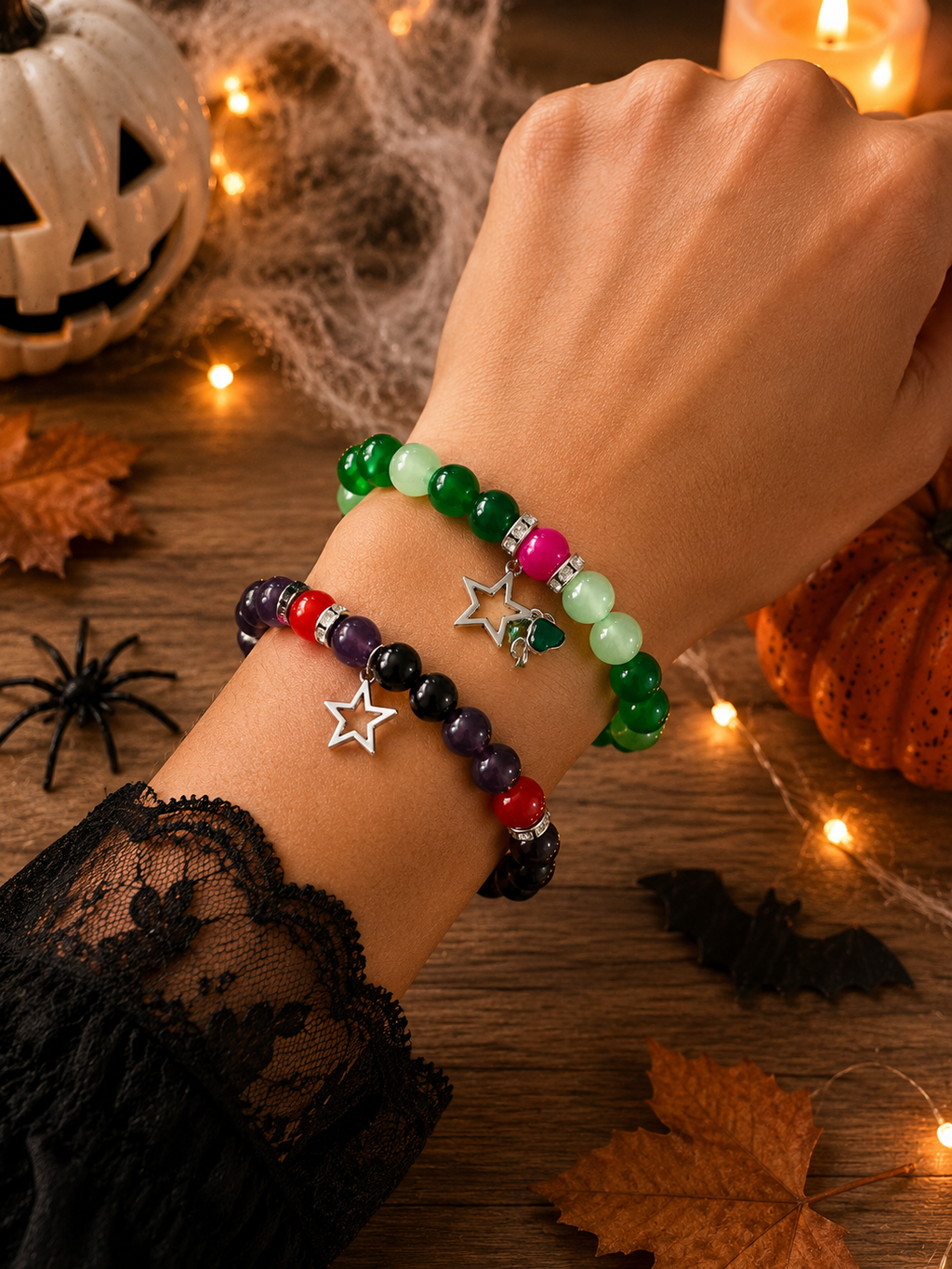 Duo de Bracelets Halloween – Perles Colorées & Charms Étoiles