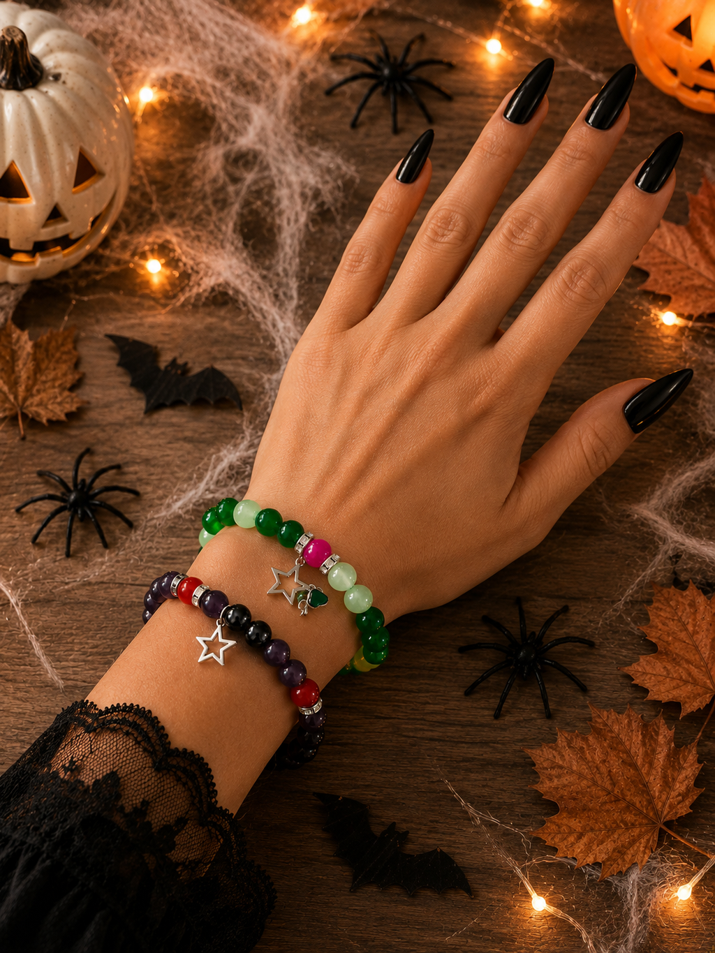 Duo de Bracelets Halloween – Perles Colorées & Charms Étoiles